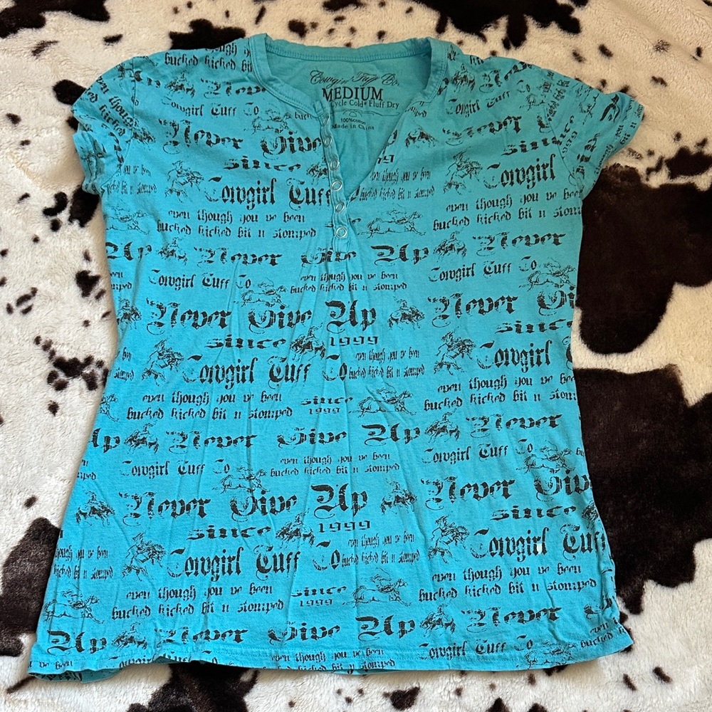 Cowgirl Tuff Turquoise Script Print Women's Tee